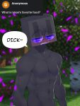  3:4 athletic athletic_humanoid athletic_male black_body black_skin enderman endertwinks english_text facial_markings head_markings hi_res humanoid looking_at_viewer lykan_(endertwinks) male markings microsoft minecraft mojang outside particles purple_eyes solo speech_bubble text video_games xbox_game_studios 