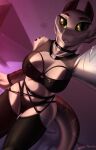  2021 6-9 anthro bed bra clothed clothing collar cybernetic_limb digital_media_(artwork) female furniture hi_res lingerie on_bed open_mouth panties partially_clothed scalie selfie shido-tara sitting sitting_on_bed solo underwear 