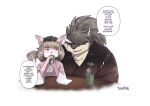 absurd_res anthro beverage brown_hair canid canine canis chuurow container cup domestic_dog drinking duo english_text eyebrows fur grey_body grey_fur hair hi_res lifewonders male mammal patting_head pink_body pink_fur ponytail shino_(housamo) tanetomo tea text thick_eyebrows tokyo_afterschool_summoners video_games 