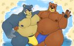  2021 animal_crossing anthro balls band-aid bandage belly blush brown_body bulge clothing cloud curt_(animal_crossing) duo embrace eyes_closed gabgbb genitals hi_res hug humanoid_hands male male/male mammal moobs nintendo nipples outside overweight overweight_male penis swimwear teddy_(animal_crossing) ursid video_games water 