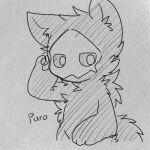  1:1 ambiguous_gender anthro black_body black_fur canid canine canis changed_(video_game) chano daww fluffy fur goo_creature greyscale head_tuft looking_at_viewer mammal mask monochrome neck_tuft partially_colored pawpads puro_(changed) simple_background solo tuft white_background white_eyes wolf 