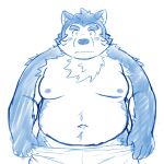  1:1 anthro belly blush canid canine canis clothing domestic_dog eyebrows fupa hi_res lifewonders live-a-hero male mammal mokdai moobs navel nipples overweight sketch solo thick_eyebrows undressing video_games yaki_atsuage 