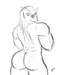  2014 5:6 anthro avian beak bird butt girokett greyscale looking_at_viewer looking_back male monochrome nude owl rear_view signature simple_background sketch solo standing white_background 