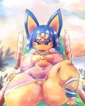 animal_crossing ankha_(animal_crossing) anthro big_breasts blue_hair breasts clothed clothing domestic_cat felid feline felis female fur genitals hair kiseff looking_at_viewer mammal nintendo no_underwear pussy solo spread_legs spreading thick_thighs video_games yellow_body yellow_fur 