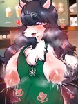  &lt;3 &lt;3_eyes 3:4 anthro big_breasts bodily_fluids breasts canid canine female grass hi_res i_mean_breast_milk lactating looking_at_viewer mammal meme plant pregnant pregnant_female solo starbucks wonkake 