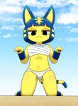 2021 animal_crossing ankha_(animal_crossing) anthro black_eyes blonde_hair blue_ears blue_hair blue_sky blue_tail chest_wraps clothed clothing cloud domestic_cat felid feline felis female front_view fur hair hi_res kneeling mammal nintendo sky solo sum two_tone_tail video_games wraps yellow_body yellow_fur yellow_inner_ear yellow_tail 