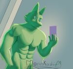  abs abstract_background anthro athletic athletic_anthro athletic_male biceps blue_eyes canid canine canis cellphone goo_creature green_body green_slime hybrid male mammal morinkashi muscular muscular_anthro muscular_male pecs phone slime solo wolf 