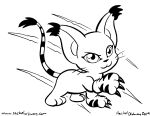  2019 bandai_namco black_and_white claws digimon digimon_(species) feral gatomon looking_at_viewer markings monochrome paws quadruped rachel_ordway simple_background sketch solo striped_markings striped_tail stripes tail_markings text url whiskers white_background 