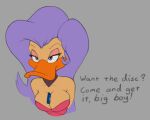  ! 2019 ? anatid anseriform anthro avian beak bedroom_eyes billboi bird breasts character_request cleavage clothed clothing disk dress duck english_text eyebrows female grey_background hair long_hair narrowed_eyes purple_eyes purple_hair seductive simple_background solo text traditional_media_(artwork) 