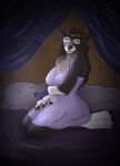  2021 absurd_res anthro arm_under_breasts bed bedding big_breasts blizzard_entertainment breasts canid canine clothed clothing conditional_dnp curvy_figure digital_drawing_(artwork) digital_media_(artwork) ear_piercing ear_ring esealia female fur furniture hair hi_res looking_at_viewer mammal nightgown nipples piercing shaded signature smile solo sparkles thick_thighs video_games voluptuous warcraft were werecanid worgen 