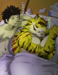  abs anthro black_hair blush bodily_fluids debirobu duo eyes_closed felid fur futon hair hiroyuki_(morenatsu) human japanese_text larger_anthro male male/male mammal morenatsu muscular muscular_anthro muscular_male navel nude pantherine size_difference sleeping smaller_human striped_body striped_fur stripes tears text tiger tissue tissue_box torahiko_(morenatsu) video_games visual_novel yellow_body yellow_fur 