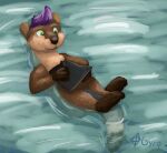 ambiguous_gender brown_body countershading drawing_tablet green_eyes gyrotech hair lutrine mammal mustelid purple_hair scruffasus_(character) solo swimming water 