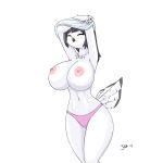  1:1 2019 anthro avian big_breasts bird black_hair breasts clothing curvy_figure feathers female girokett hair hi_res nipples owl simple_background solo tail_feathers undressing vivian_rose white_background white_body 