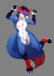  ambiguous_gender amokah anthro blue_body canid canine crotch_tuft eyebrows fluffy fluffy_tail fox green_nose hi_res malivaughn mammal nude purple_eyes raised_arm raised_arms raised_eyebrow raised_leg red_ears scared solo tuft wind worried 