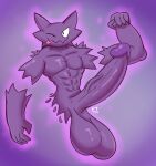  abs anthro aura balls breasts clawed_fingers claws cleavage clothed clothing erection fist genitals ghost haunter hi_res humanoid_genitalia humanoid_penis looking_at_viewer male muscular muscular_anthro muscular_male nintendo one_eye_closed penis pok&eacute;mon pok&eacute;mon_(species) purple_background purple_body quivster raised_arm raised_fist simple_background simple_eyes solo spirit tongue tongue_out vein veiny_penis video_games wink 