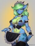  2021 3:4 absurd_res anthro bakufu bikini bovid_horn bow_tie breasts campfire_(buttocher) caprine_horn cleavage clothed clothing digital_media_(artwork) dragon female frill_(anatomy) frilly goat_horn green_eyes green_hair hair head_crest head_frill hi_res horn legwear long_hair looking_at_viewer maid_uniform multicolored_hair non-mammal_breasts reptile scalie smile solo solo_focus swimwear uniform wingless_dragon 