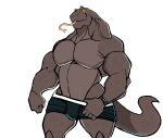  absurd_res anthro black_clothing black_underwear brown_body clothed clothing clothing_pull darknaigart hi_res komodo_dragon lizard male monitor_lizard muscular muscular_anthro muscular_male pecs reptile scalie solo tongue tongue_out topless underwear underwear_pull 