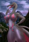  absurd_res anthro big_breasts bodily_fluids breasts butt digital_media_(artwork) female genital_fluids genitals hi_res looking_at_viewer nintendo nipples nude open_mouth pok&eacute;mon pok&eacute;mon_(species) pussy pussy_juice salazzle simple_background smile solo tongue tongue_out video_games zanzagen 