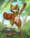  4:5 anthro breasts clothed clothing crossbow detailed_background dota female forest fur genitals hi_res holding_object holding_weapon hoodwink_(dota) kokoni mammal outside pants_down partially_clothed plant pussy ranged_weapon rodent sciurid solo tree tree_squirrel video_games weapon 