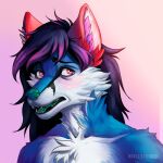  1:1 amokah anthro bbellstudios blue_body canid canine eyebrows female fluffy fluffy_cheeks fluffy_chest fox green_nose green_tongue hi_res highlights_(coloring) mammal purple_eyes raised_eyebrow raised_eyebrows red_ears scared sharp_teeth solo teeth tongue worried 