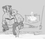  2017 3_toes 4_fingers anthro anthro_on_anthro arm_tuft armello athletic athletic_anthro athletic_male badger bandaged_arm barefoot big_nose book bottomwear bristol campfire cheek_tuft chest_tuft claws closed_smile clothed clothed_anthro clothed_male clothing cooking detailed_background duo elbow_tufts eyebrows facial_tuft feet fingerless_gloves fingers fire fish front_view full-length_portrait fur gloves grass greyscale half-closed_eyes handwear holding_book holding_object horace_(armello) humanoid_hands looking_down lutrine male male/male male_anthro mammal marine melee_weapon monochrome mustelid musteline narrowed_eyes neck_tuft pants pawpads plant polearm portrait reading river round_eyes sitting sketch slim_anthro slim_male small_ears spear spread_legs spreading sylas_(armello) toes toony topless topless_anthro topless_male tuft video_games water weapon wet wet_body wet_fur 