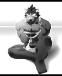 abs anthro black_bars bound canid canine canis debirobu facial_markings fangs head_markings letterbox male mammal markings monochrome muscular muscular_anthro muscular_male nude pecs simple_background sitting solo white_background wolf 