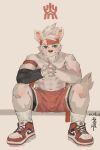  2:3 abs accessory ainro anthro arm_warmers armwear basketball_shorts biped blush canid canine canis clothed clothing digital_media_(artwork) domestic_dog dong_xuan feet footwear fur green_eyes headband hi_res kemono looking_at_viewer male mammal muscular muscular_anthro muscular_male nike pecs restricted_palette shirtless shirtless_male shoes simple_background sitting sneakers socks solo topless topless_male white_body white_clothing white_footwear white_fur white_socks 