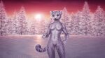  16:9 3d_background anthro black_body black_fur breasts eyes_closed felid female fur genitals gesture hi_res la_volpe mammal muscular nature nipples nude pantherine pink_nose plant pussy sky smile snow snow_leopard solo spots sunset teeth thumbs_up tree whiskers white_body white_fur widescreen 