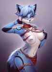  anthro areola blue_areola blue_body blue_fur blue_hair blue_nipples breasts canid canine clothed clothing countershade_face countershade_torso countershading darts_(azurox) digital_media_(artwork) drjdfh ear_piercing facial_piercing female fox fur hair hi_res industrial_piercing looking_at_viewer mammal markings navel navel_piercing nipple_piercing nipples nose_piercing nose_ring piercing portrait purple_eyes septum_piercing shaded solo three-quarter_portrait tribal tribal_clothing tribal_markings white_body white_countershading white_fur 