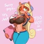  activision anthro bandicoot big_breasts black_bra black_clothing black_underwear blonde_hair bodily_fluids bottomwear bra breasts clothed clothing clothing_lift coco_bandicoot crash_bandicoot_(series) curvy_figure dialogue female hair huge_breasts lace long_hair mammal marsupial pants shirt shirt_lift solo sweat thick_thighs topwear underwear venjiiart video_games wide_hips 