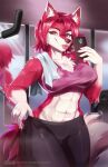  altered_reflection anthro bodily_fluids canid canine clothing cute_fangs digital_media_(artwork) exercise female fox fur gym hand_on_hip hi_res kemono leggings legwear mammal mirror muscular muscular_female phone purplelemons red_body red_eyes red_fur reflection regys_(carp) shaded solo sweat tougue_out towel_on_shoulder weights workout 