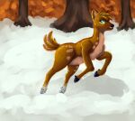  absurd_res ambiguous_gender brown_body brown_markings cervid cloven_hooves feral forest green_eyes gyrotech hi_res hooves jumping mammal markings plant pronking quadruped snow solo tan_body tree 
