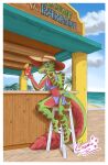  2021 absurd_res anthro beach beverage bikini border clothing cosmicfs_(artist) eublepharid female food fruit gecko hi_res leopard_gecko lizard looking_at_viewer palm_tree pineapple plant reptile sandia scalie seaside sitting solo sun_hat swimwear tree water white_border 