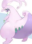  2021 ambiguous_gender big_butt biped butt dragon erumeruta gastropod glistening glistening_body glistening_skin goodra green_eyes looking_back mollusk nintendo pear-shaped_figure pok&eacute;mon pok&eacute;mon_(species) purple_body rear_view simple_background slime solo thick_tail thick_thighs video_games white_background wide_hips 