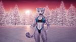  16:9 3d_background 5_fingers anthro biped black_body black_fur breasts clothing digital_media_(artwork) eyebrows eyes_closed fangs felid female fingerpads fingers forest fur gesture grey_body grey_fur hand_on_hip hi_res la_volpe leopard_spots mammal muscular muscular_anthro muscular_female nature navel open_mouth open_smile outside pantherine pawpads pink_nose pink_pawpads plant sky smile snow snow_leopard solo sportswear spots spotted_body spotted_fur sun sunset swimwear teeth thumbs_up tongue tree whiskers white_body white_fur widescreen 