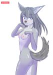  2021 anthro artoonu blue_eyes breasts butt canid canine canis female grey_body grey_hair hair hi_res long_hair mammal nipples nude pose presenting signature small_breasts solo solo_focus wolf 