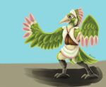  absurd_res anthro avian bird_feet clothing countershading feathered_wings feathers female green_body green_feathers gyrotech hi_res markings nintendo pink_markings rito safe_(disambiguation) solo tan_body the_legend_of_zelda video_games wings 