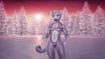  16:9 3d_background anthro bikini black_body black_fur breasts clothing eyes_closed felid female fur gesture hi_res la_volpe mammal muscular nature nipples pantherine pink_nose plant sky smile snow snow_leopard solo spots sunset swimwear teeth thumbs_up tree whiskers white_body white_fur widescreen 