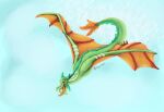  absurd_res ambiguous_gender claws dragon feral green_body gyrotech hi_res membrane_(anatomy) membranous_wings open_mouth orange_body solo tongue tongue_out winged_arms wings wyvern 
