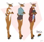  2021 anthro biped blue_eyes breasts brown_hooves cervid clothed clothing female ferima hana_chi hat headgear headwear hi_res hooves mammal nipples nude pattern_clothing pink_clothing pink_hat pink_headwear plaid plaid_clothing simple_background smile solo standing 