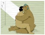  anthro black_hair blue_hair blush bodily_fluids brown_body brown_fur duo embrace eyes_closed fur gouryou hair holding_partner hug human human_on_anthro interspecies kissing larger_anthro lifewonders male male/male mammal moobs nude overweight overweight_male romantic romantic_couple size_difference smaller_human suid suina sus_(pig) sweat tokyo_afterschool_summoners toorin video_games wild_boar 