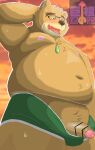  2021 anthro belly big_dick_day blush bodily_fluids brown_body brown_fur censored clothing cloud eyewear fur genitals glasses hi_res humanoid_genitalia humanoid_penis japanese_text kemono lifewonders male mammal moobs navel nipples one_eye_closed outside overweight overweight_male penis shirokuma_210 solo sweat text tokyo_afterschool_summoners underwear ursid video_games volos wink 
