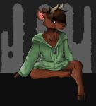  2021 abstract_background anthro antlers benny_(artist) bottomless brown_body brown_eyes brown_fur brown_hair cervid cheek_tuft clothed clothing digital_media_(artwork) digital_painting_(artwork) ed_(scratch21) facial_tuft fur hair happy hooves horn inner_ear_fluff male mammal neck_tuft partially_clothed scratch21 sitting smile solo topwear tuft 