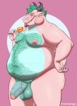 anthro atticus_(treebarkdragon) balls belly body_hair chest_hair chubby_male dragon foreskin genitals green_hair hair hairy_balls hi_res horn male moobs nipples nude overweight overweight_anthro overweight_male penis pink_body pubes solo treebarkdragon 