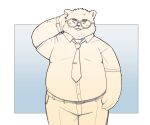  2021 anthro belly bottomwear canid canine canis clothing domestic_dog eyes_closed eyewear glasses hi_res kemono male mammal necktie overweight overweight_male pants puluground shirt simple_background solo topwear 