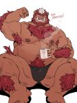  2021 anthro bearwivme belly black_clothing black_underwear bulge clothing english_text hi_res humanoid_hands male mammal moobs mug musclegut navel nipples one_eye_closed overweight overweight_male simple_background sitting solo suid suina sus_(pig) text underwear white_background wild_boar wink 
