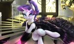  2021 5:3 chair clothing cutie_mark darksly-z detailed_background digital_media_(artwork) equid equine eyebrows eyelashes female feral friendship_is_magic furniture hasbro hi_res horn jewelry looking_at_viewer mammal my_little_pony rarity_(mlp) smile solo unicorn 