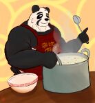  absurd_res anthro apron apron_only bara_tiddies barazoku blush clothing cooking eyebrows food giant_panda gio-joe hi_res male mammal mostly_nude musclegut muscular muscular_male nipples nude ramen_bowl smile solo soup tuft ursid 