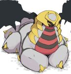  6_legs absurd_res altered_forme_giratina ambiguous_gender black_sclera claws feral giratina grey_body hi_res horn legendary_pok&eacute;mon lying nintendo obese on_front overweight pok&eacute;mon pok&eacute;mon_(species) red_eyes simple_background solo video_games wings zephy_03 