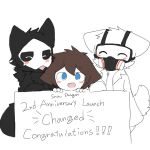  1:1 ambiguous_gender anthro black_body black_fur black_sclera blue_eyes blush brown_hair canid canine canis changed_(video_game) chano cheek_tuft chest_tuft clothing coat dr._k_(changed) english_text eyes_closed facial_tuft fur gas_mask goo_creature group hair happy head_tuft holding_object holding_sign human lab_coat lin_(changed) male mammal mask open_mouth puro_(changed) sign simple_background text topwear tuft white_background white_body white_fur wolf 